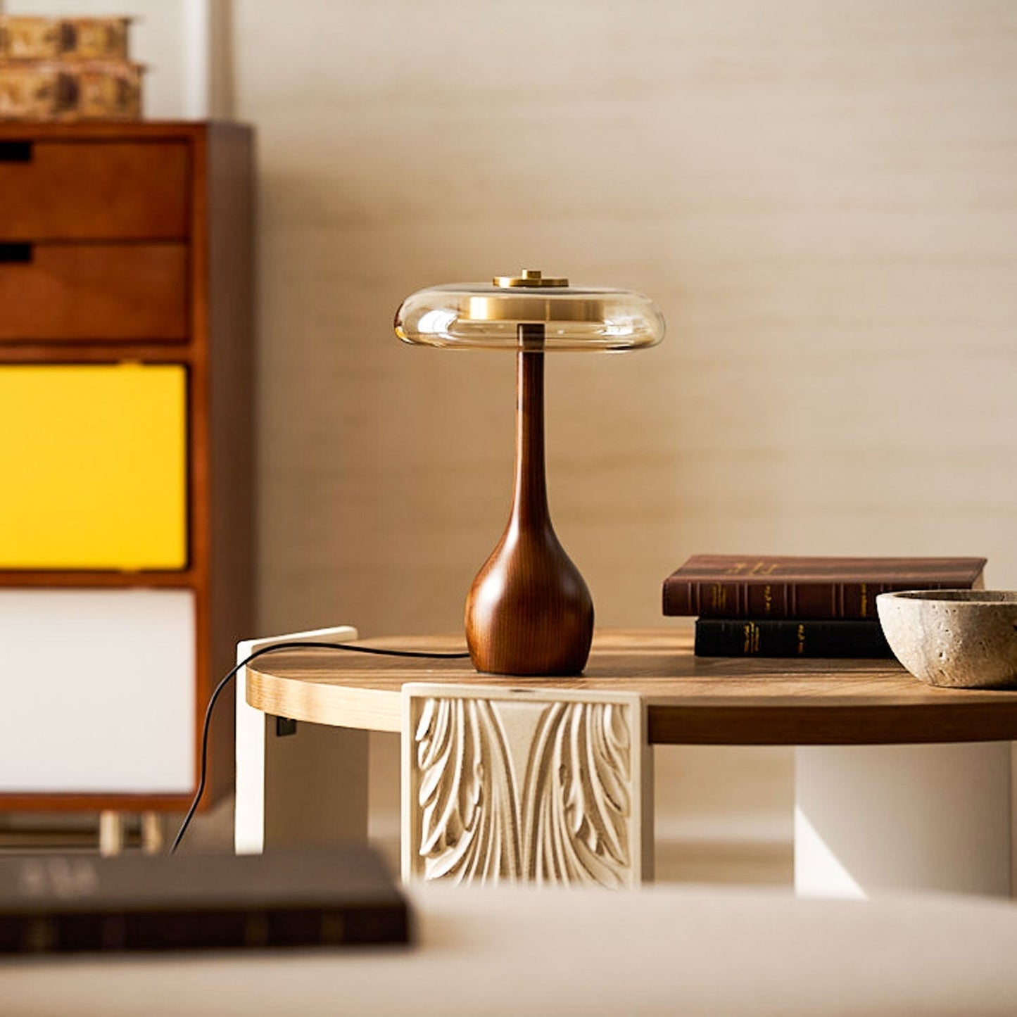 Vancorim | Japandi Curved Wood Amber Glass Table Lamp