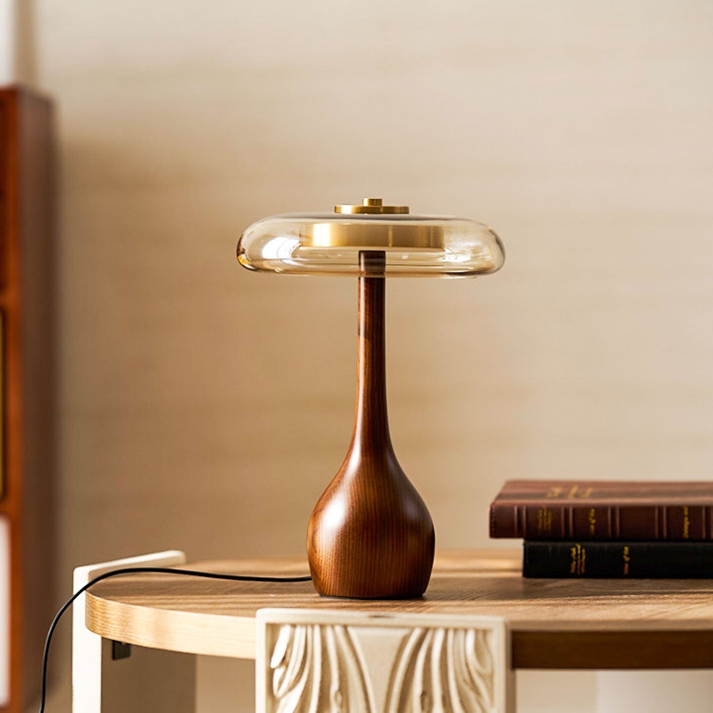 Vancorim | Japandi Curved Wood Amber Glass Table Lamp
