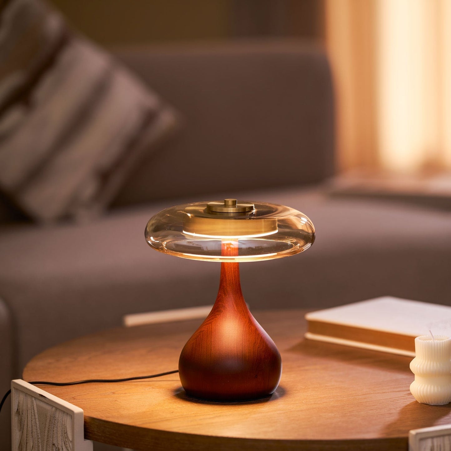 Vancorim | Japandi Curved Wood Amber Glass Table Lamp