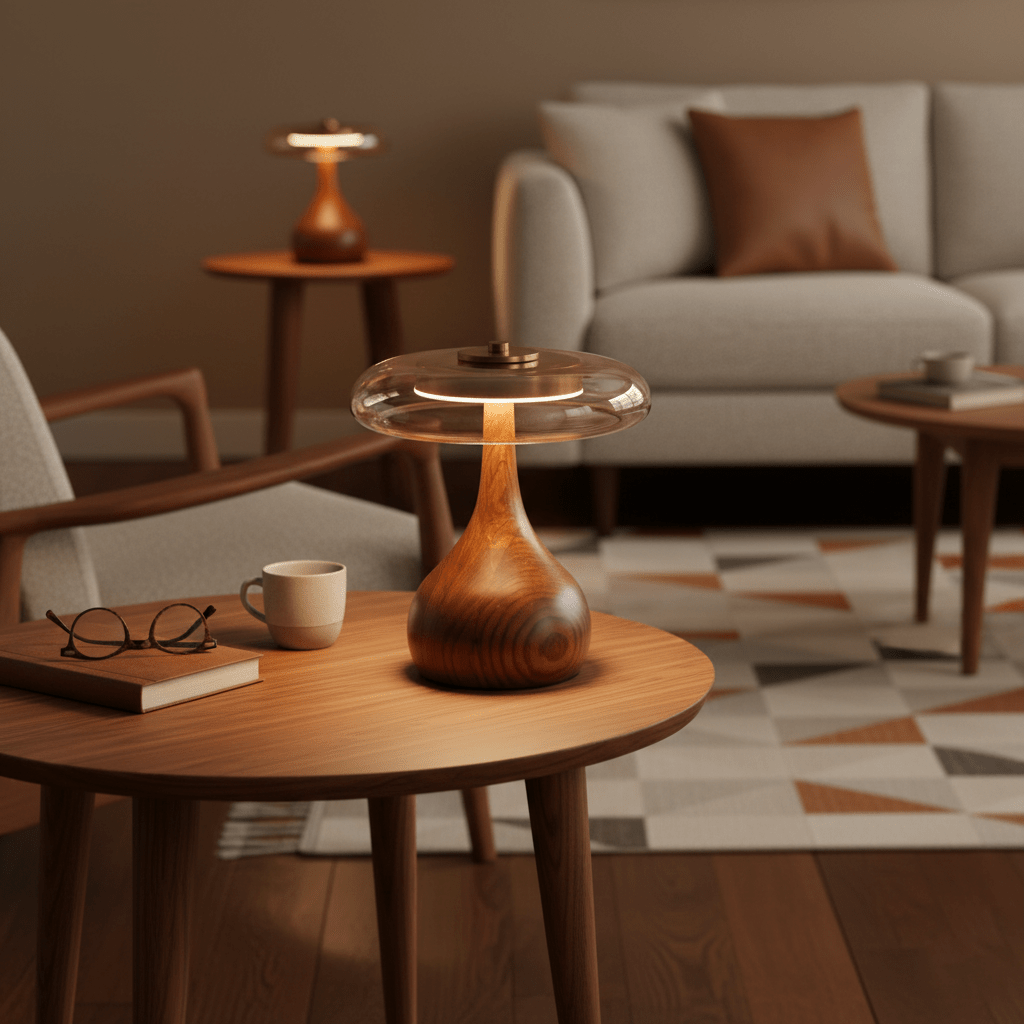 Vancorim | Japandi Curved Wood Amber Glass Table Lamp