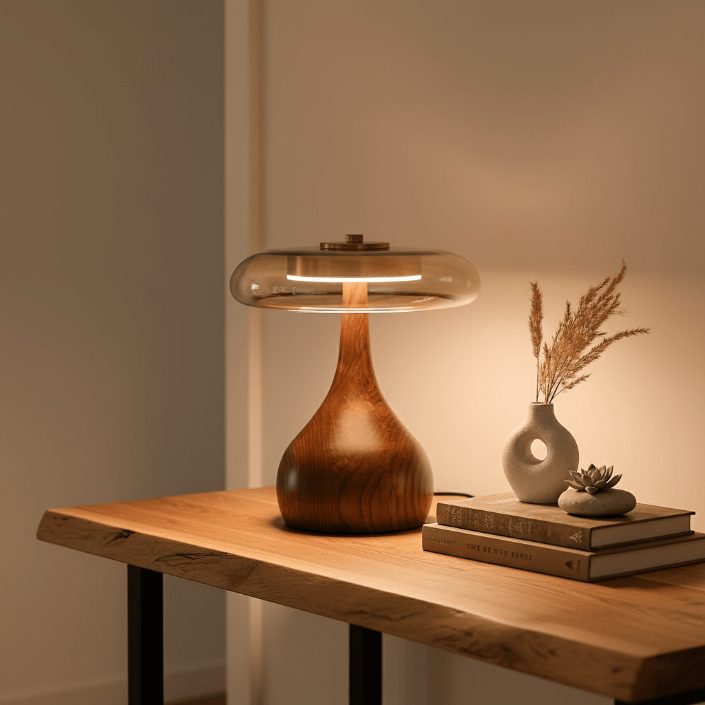 Vancorim | Japandi Curved Wood Amber Glass Table Lamp