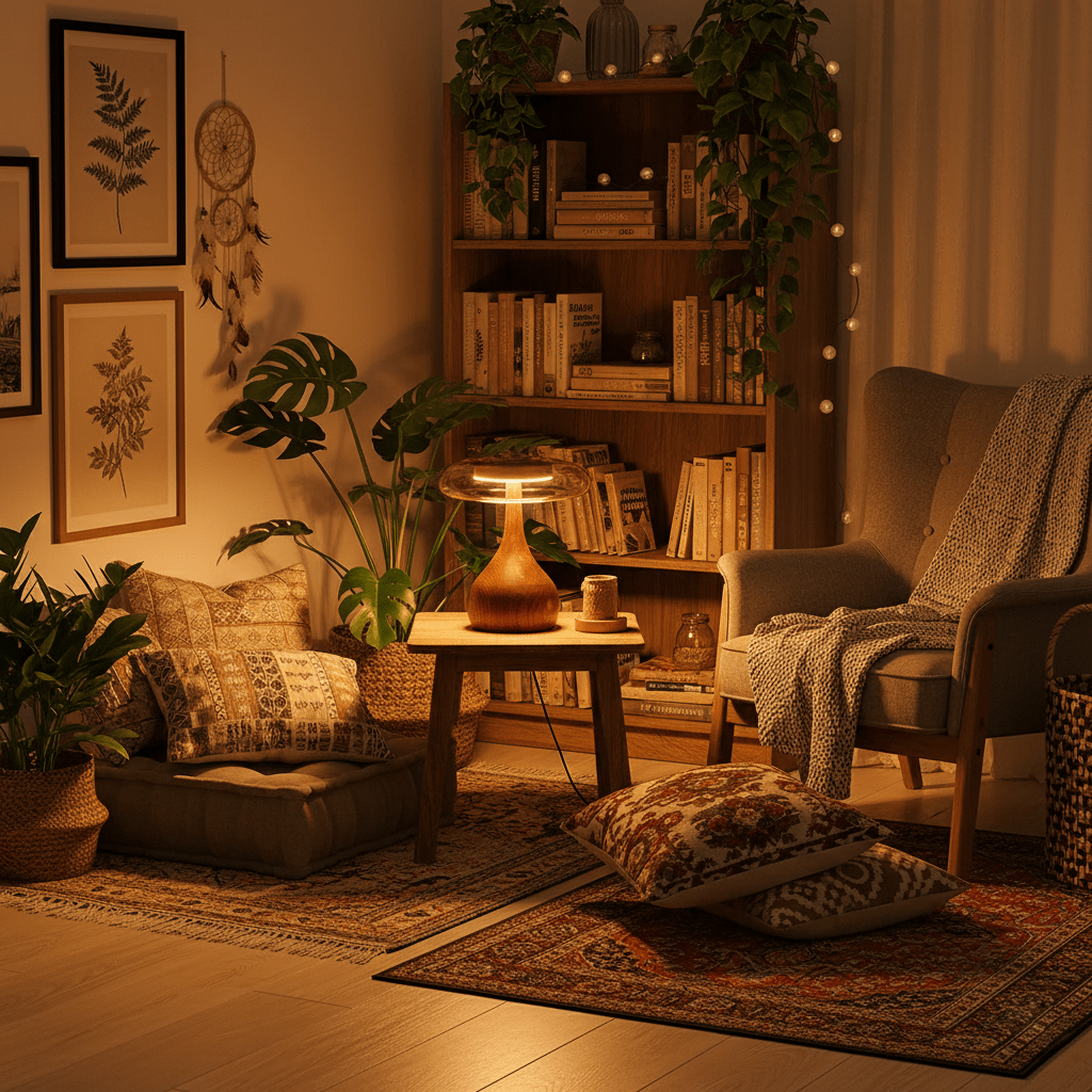 Vancorim | Japandi Curved Wood Amber Glass Table Lamp