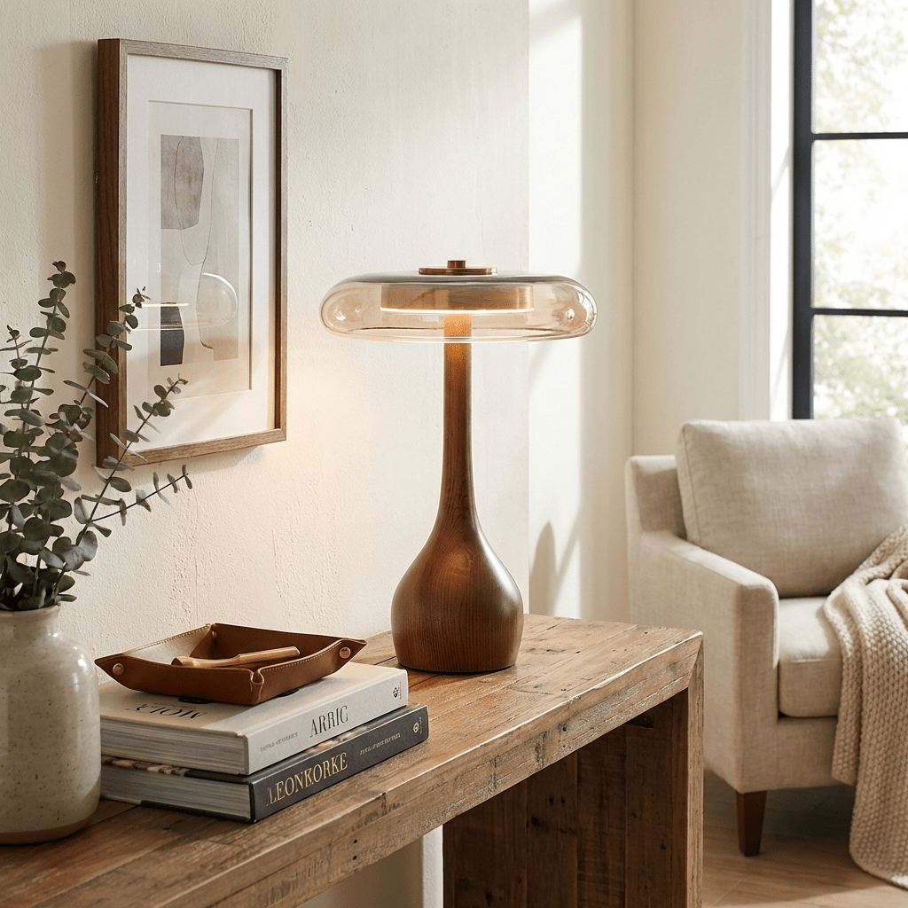 Vancorim | Japandi Curved Wood Amber Glass Table Lamp