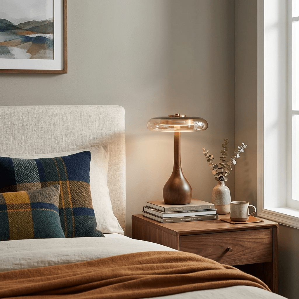 Vancorim | Japandi Curved Wood Amber Glass Table Lamp