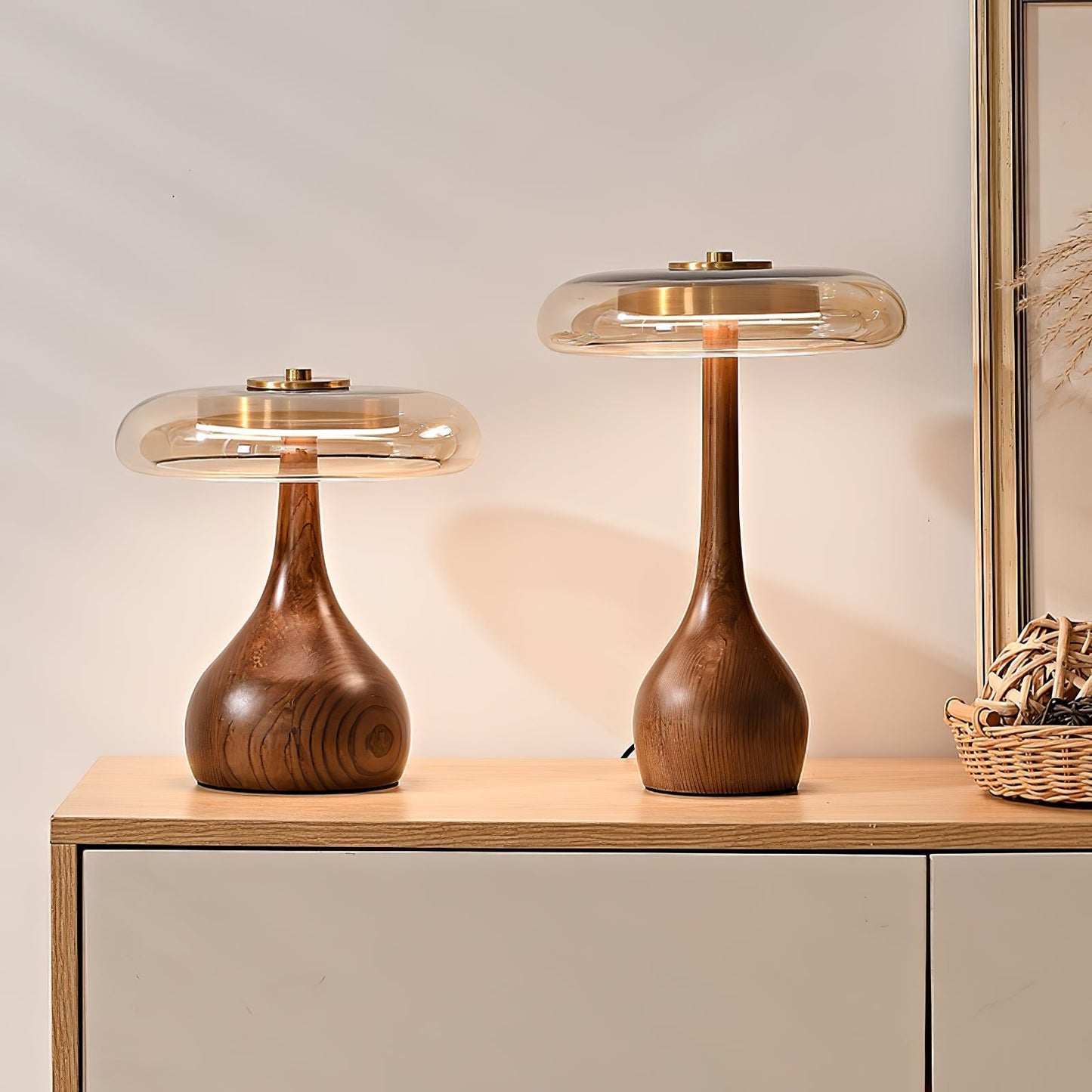 Vancorim | Japandi Curved Wood Amber Glass Table Lamp