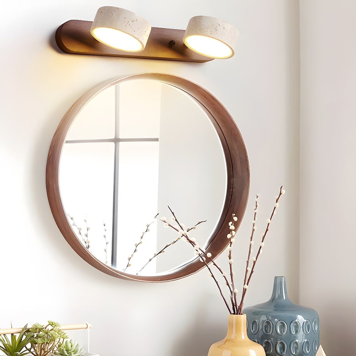 Calcera | Modern Natural Travertine Stone And Wood Wall Light