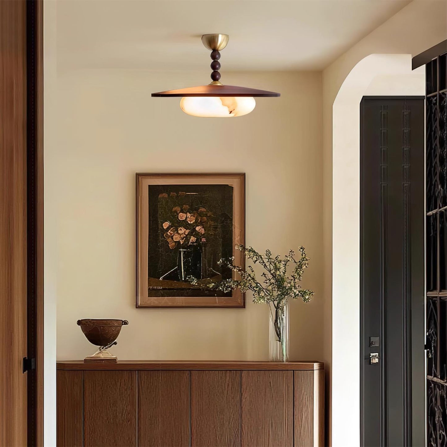 Midthos | Mid Century Wood Alabaster Dome Flush Mount Ceiling Light