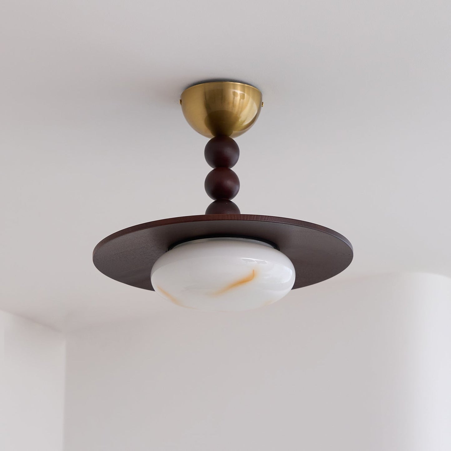Midthos | Mid Century Wood Alabaster Dome Flush Mount Ceiling Light
