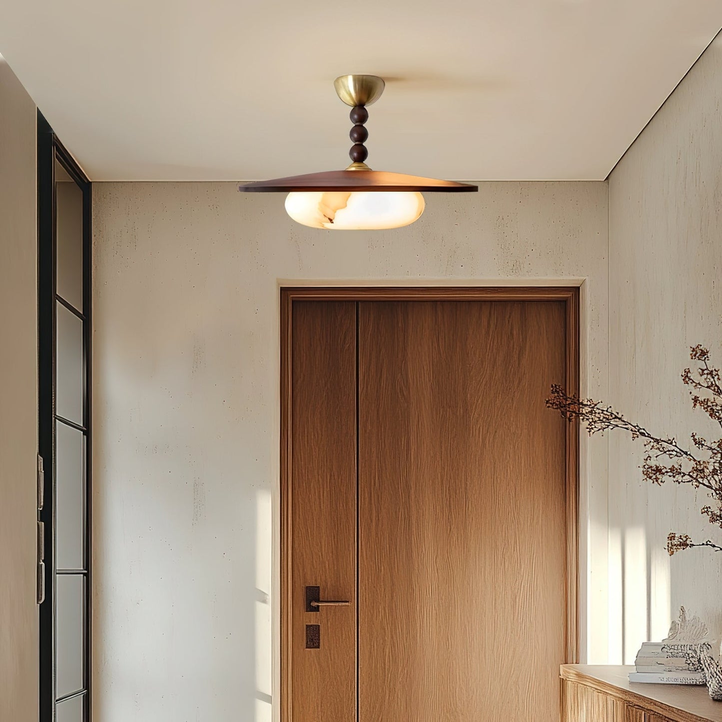Midthos | Mid Century Wood Alabaster Dome Flush Mount Ceiling Light