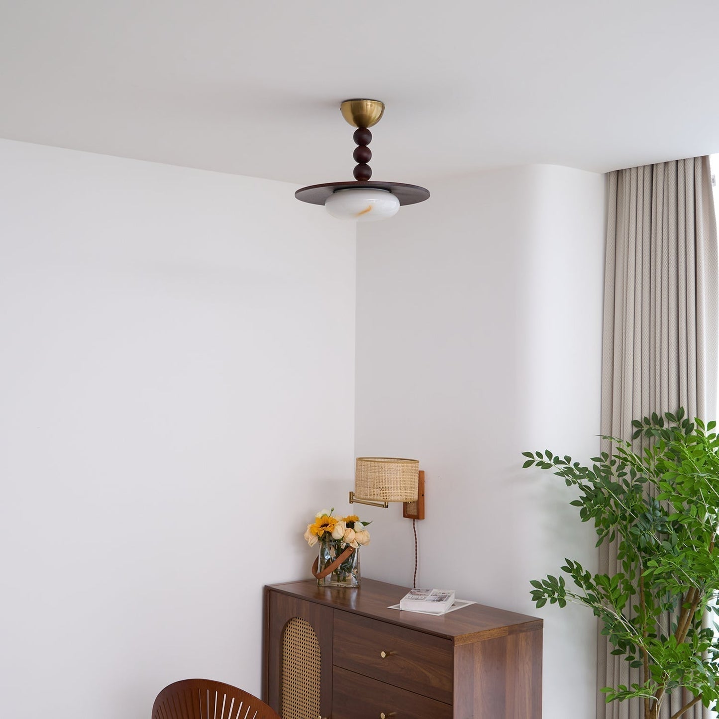 Midthos | Mid Century Wood Alabaster Dome Flush Mount Ceiling Light