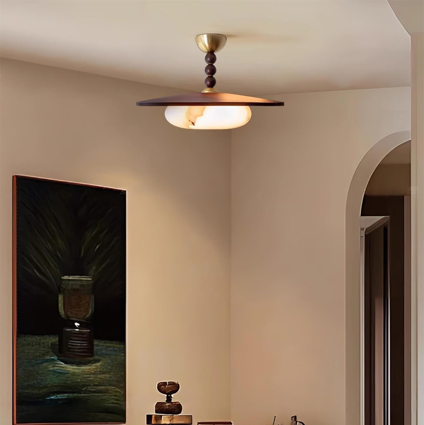 Midthos | Mid Century Wood Alabaster Dome Flush Mount Ceiling Light