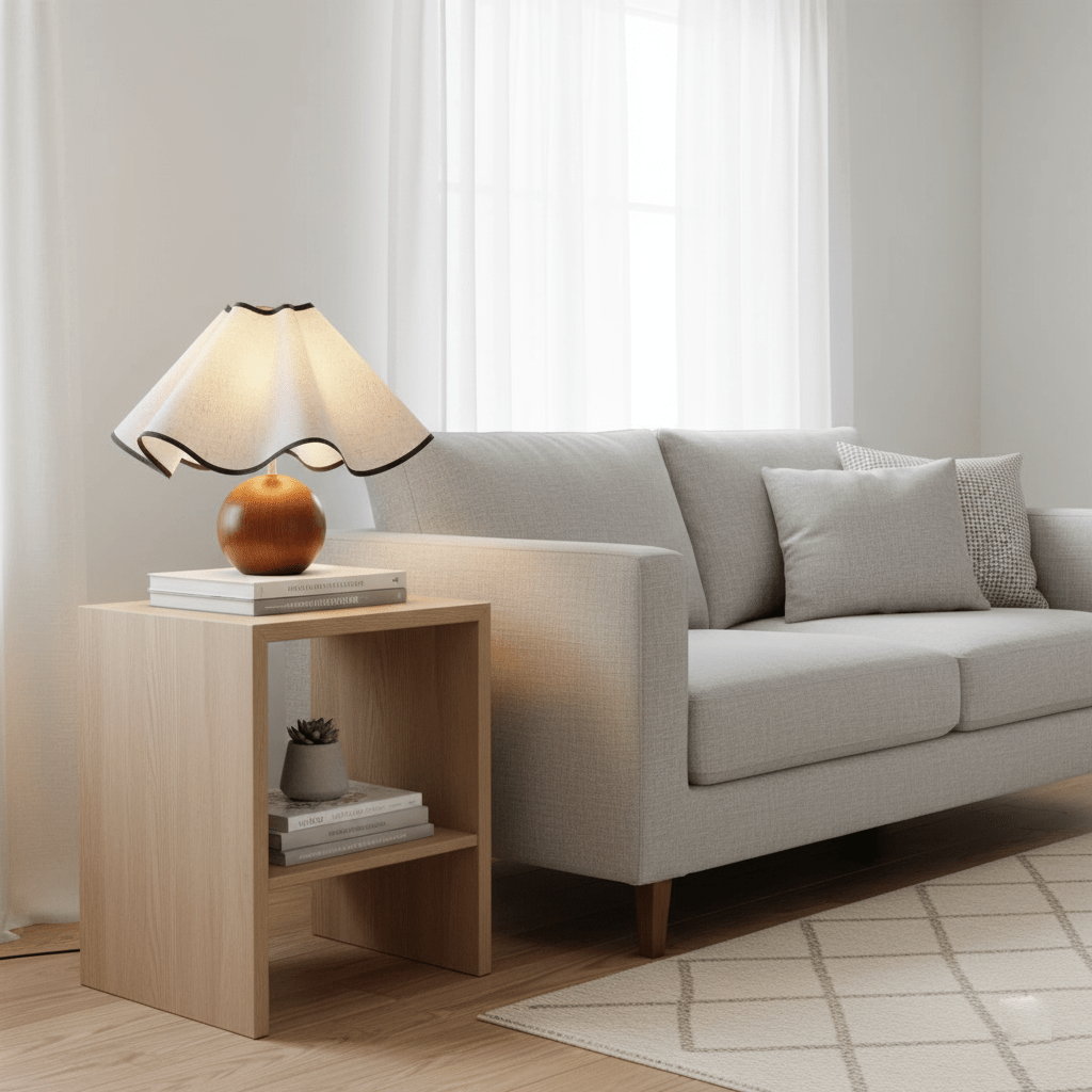 Meriloch | Sculptural Wave Fabric Wooden Base Table Lamp
