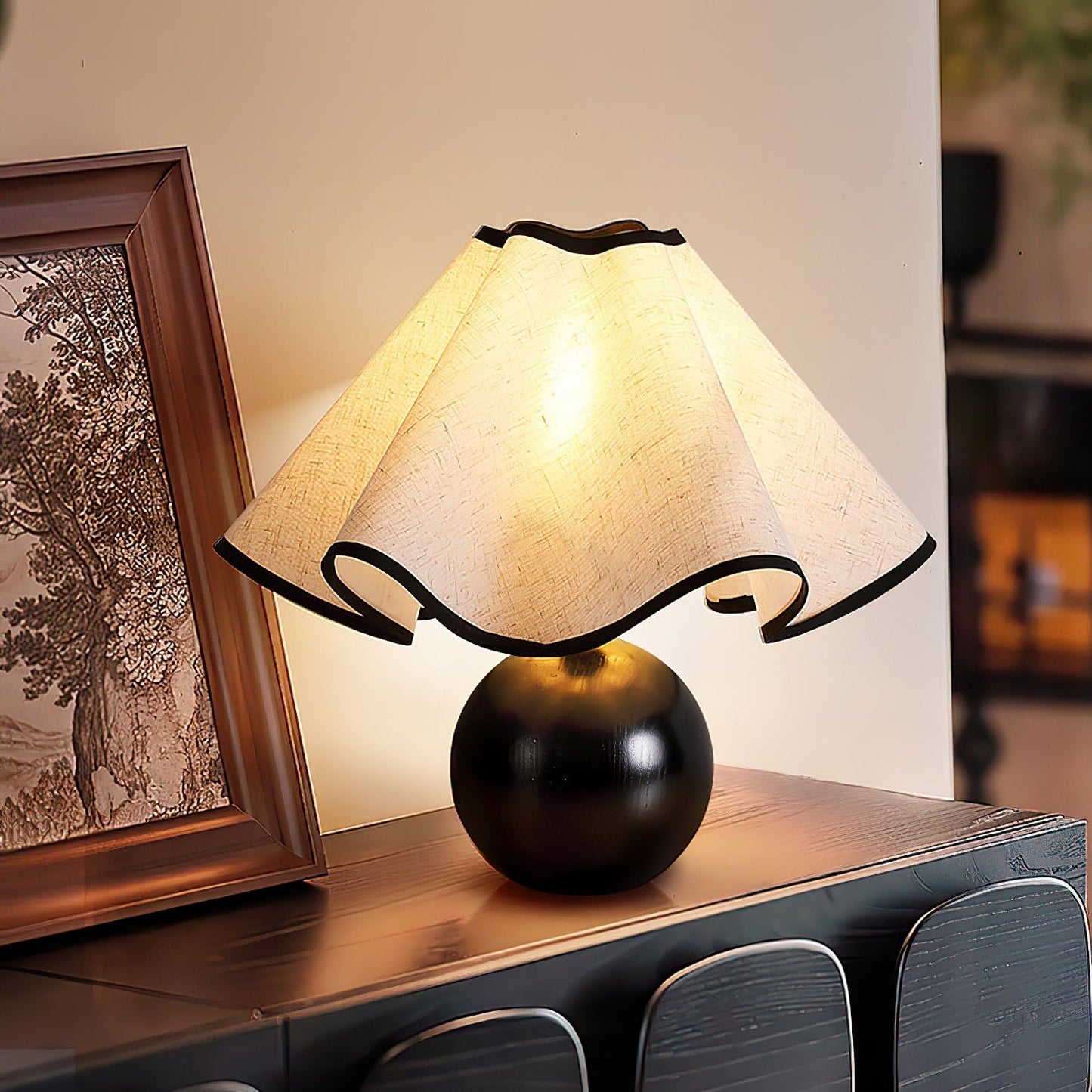 Meriloch | Sculptural Wave Fabric Wooden Base Table Lamp
