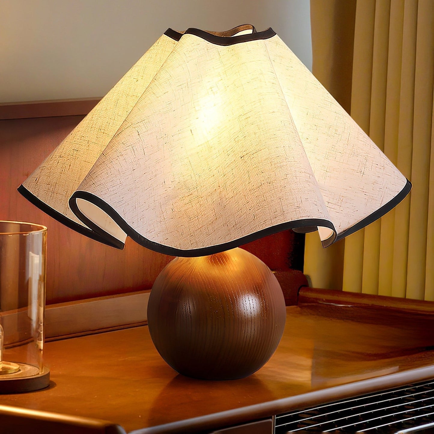 Meriloch | Sculptural Wave Fabric Wooden Base Table Lamp