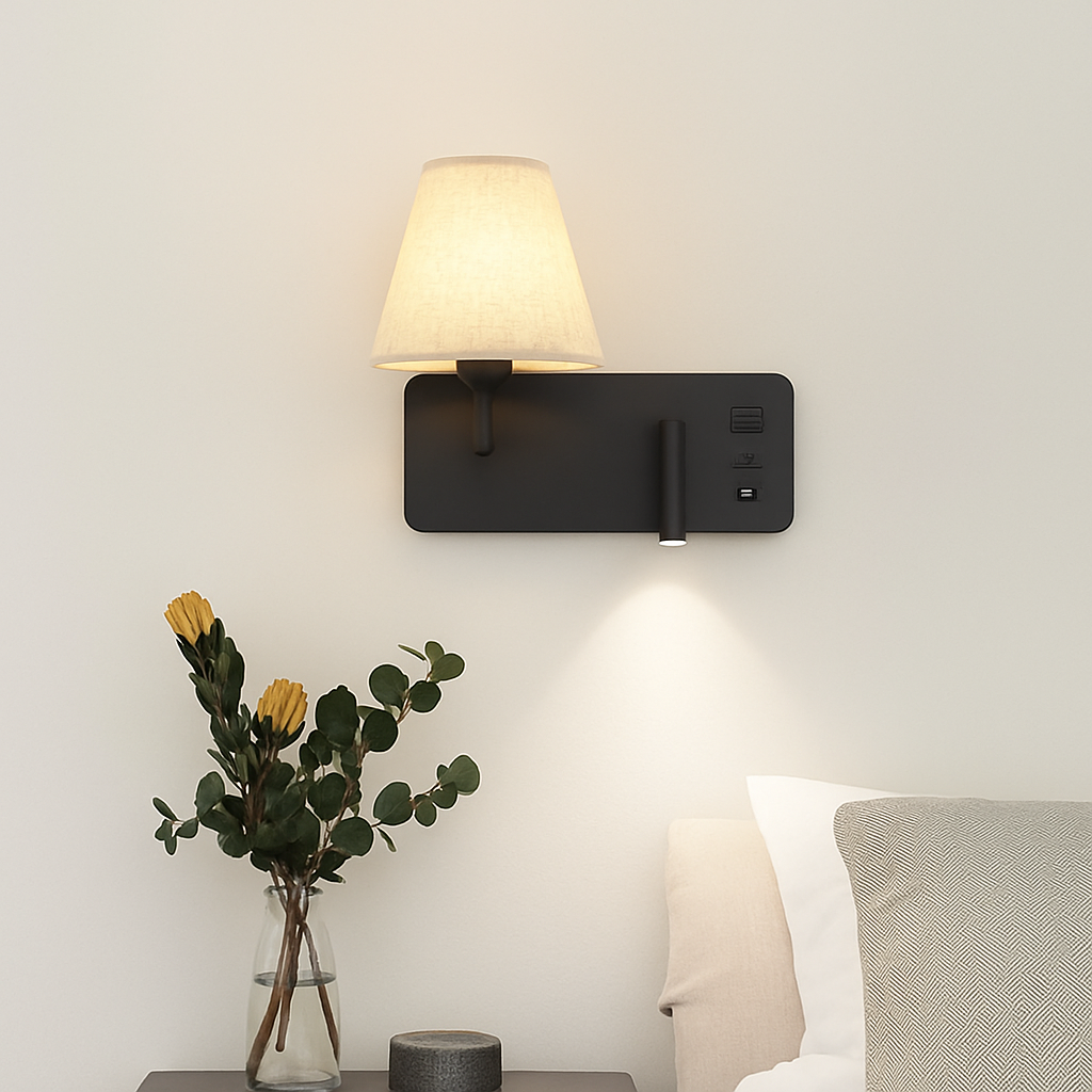 Marrowen | Cylindrical Textured Fabric Dual Source Wall Light with Reading Lamp