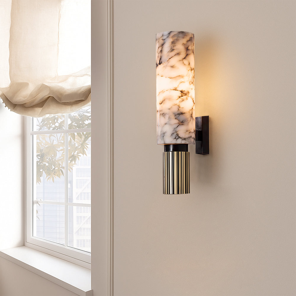 Nirree | Modern Marble And Copper Stone Cylinder Wall Light