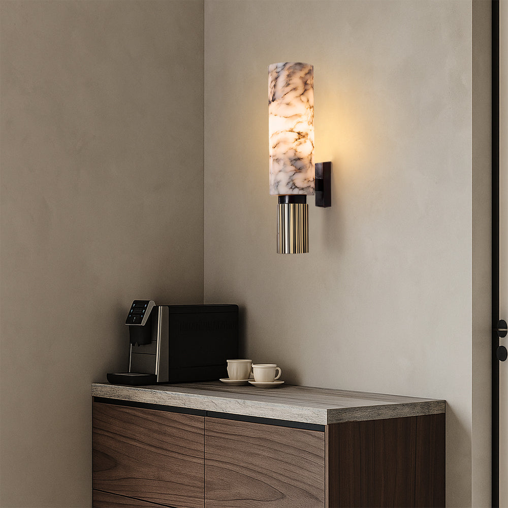 Nirree | Modern Marble And Copper Stone Cylinder Wall Light