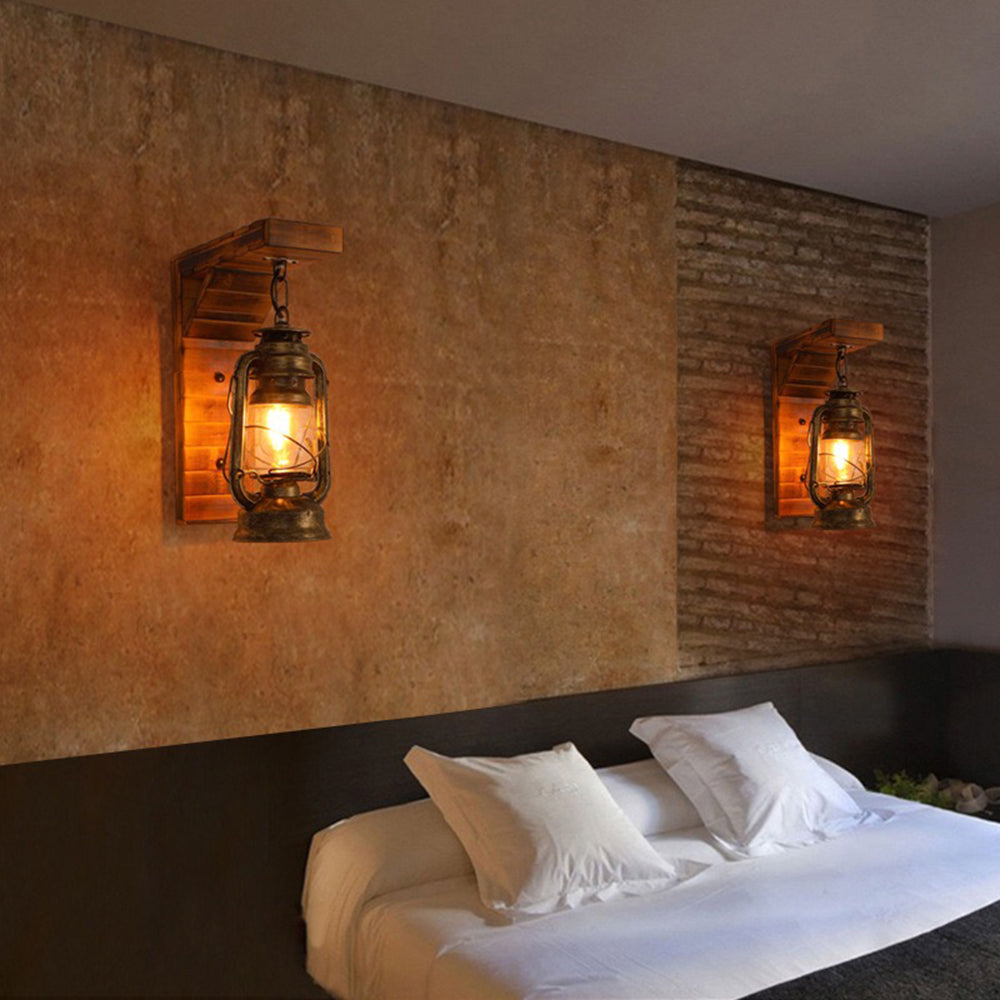 Elgard | Vintage Rustic Lantern Pine Wood Wall Light