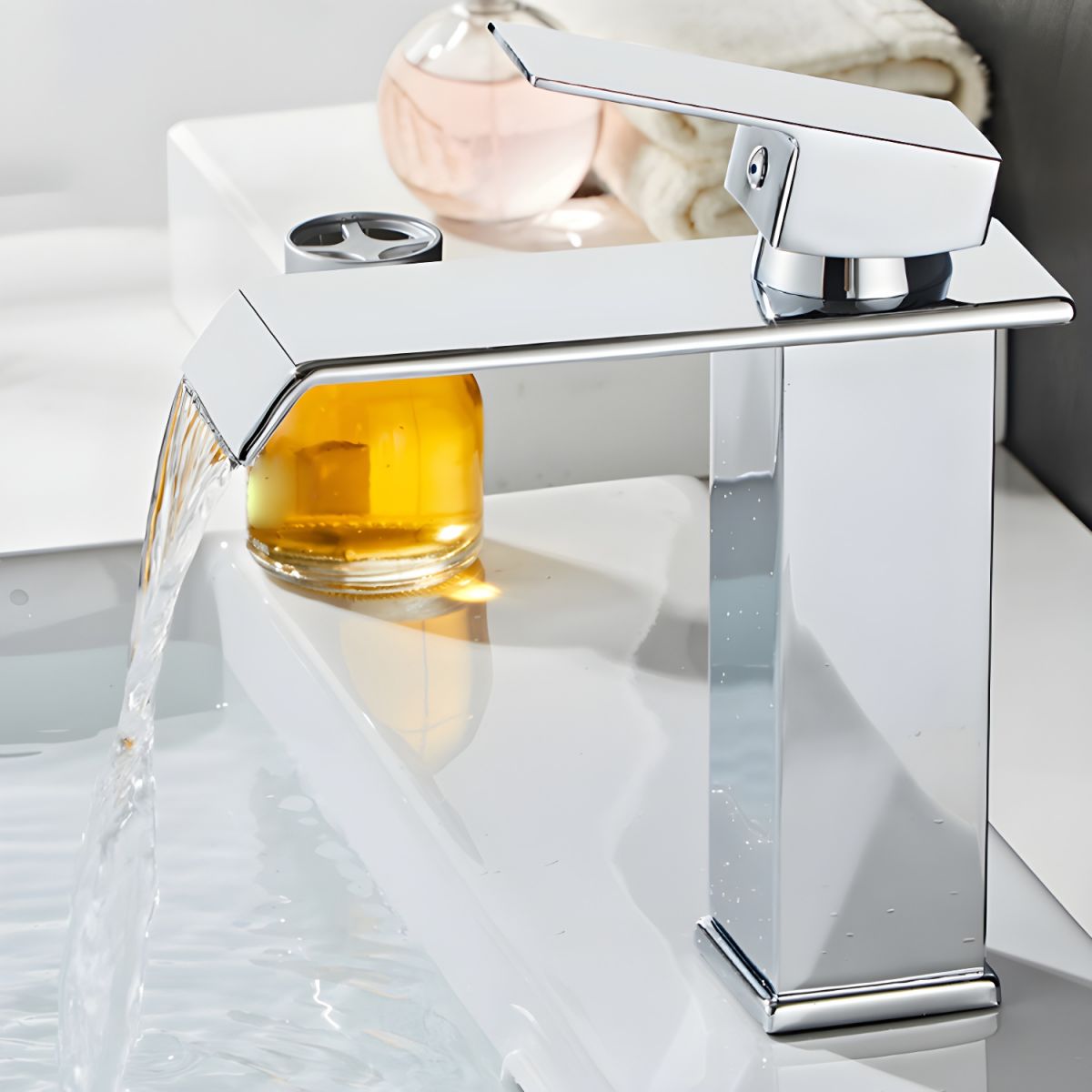 Hravund | Modern Square Waterfall Spout Bathroom Sink Tap