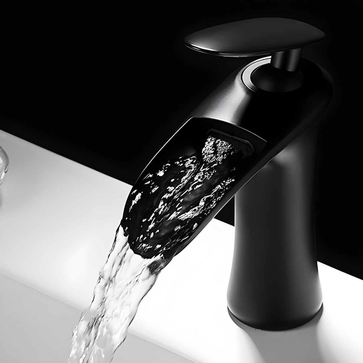 Fjordiec | Modern Low Arc Single Lever Waterfall Spout Bathroom Sink Tap
