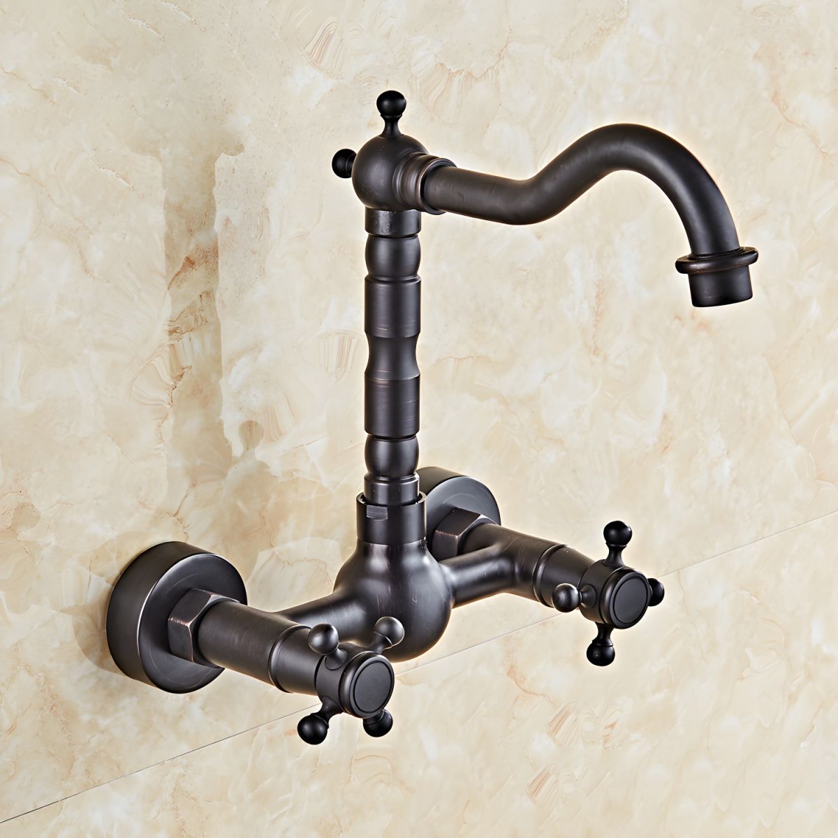 Thalvrik | Rustic Arched Profile Dual Handle Wall Mounted Bathroom Basin Tap