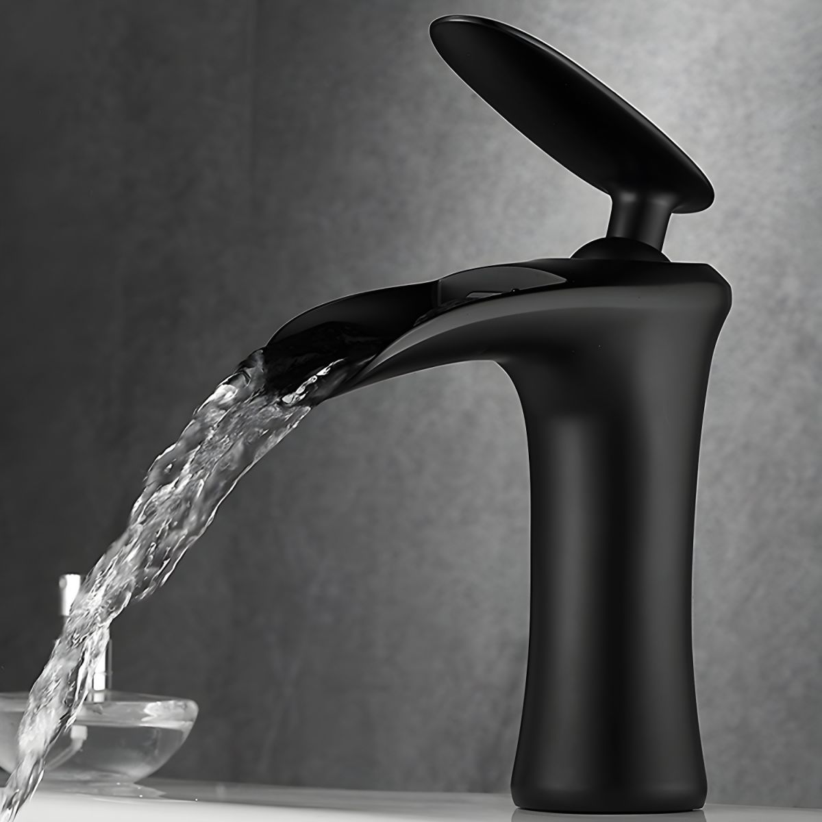 Fjordiec | Modern Low Arc Single Lever Waterfall Spout Bathroom Sink Tap
