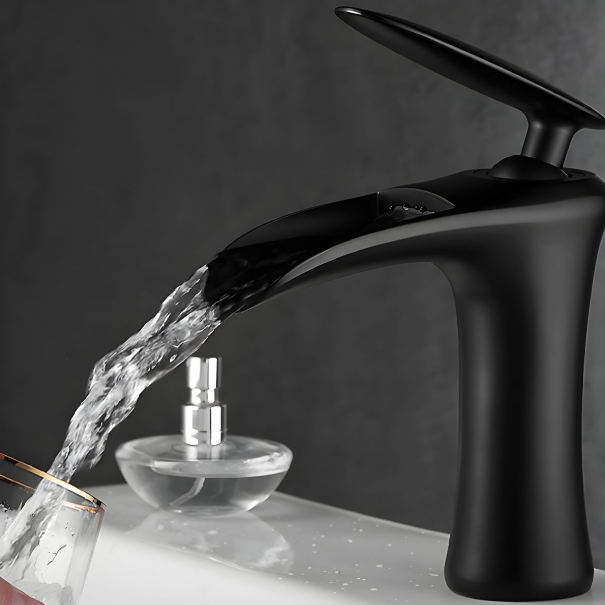 Fjordiec | Modern Low Arc Single Lever Waterfall Spout Bathroom Sink Tap