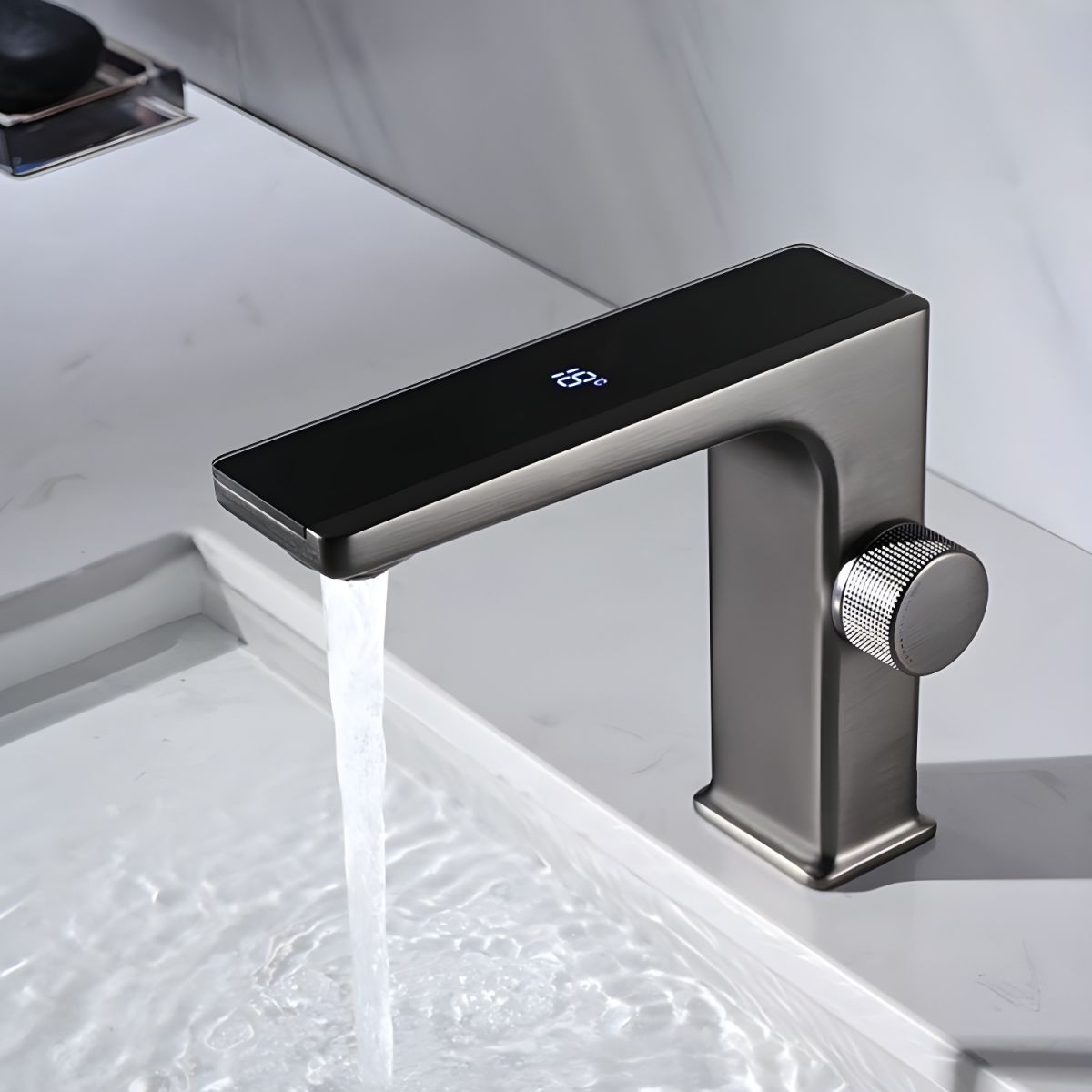 Jovallur | Modern L-Shaped Arched Column Bathroom Sink Tap with Digital Display