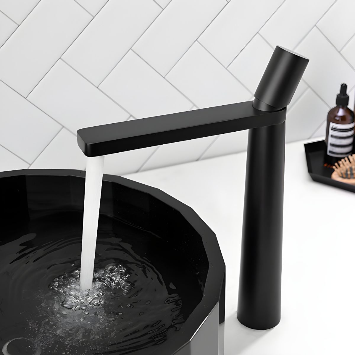 Thalruvne | Modern Cylindrical Silhouette Single Hole Bathroom Sink Tap with Rotary Knob