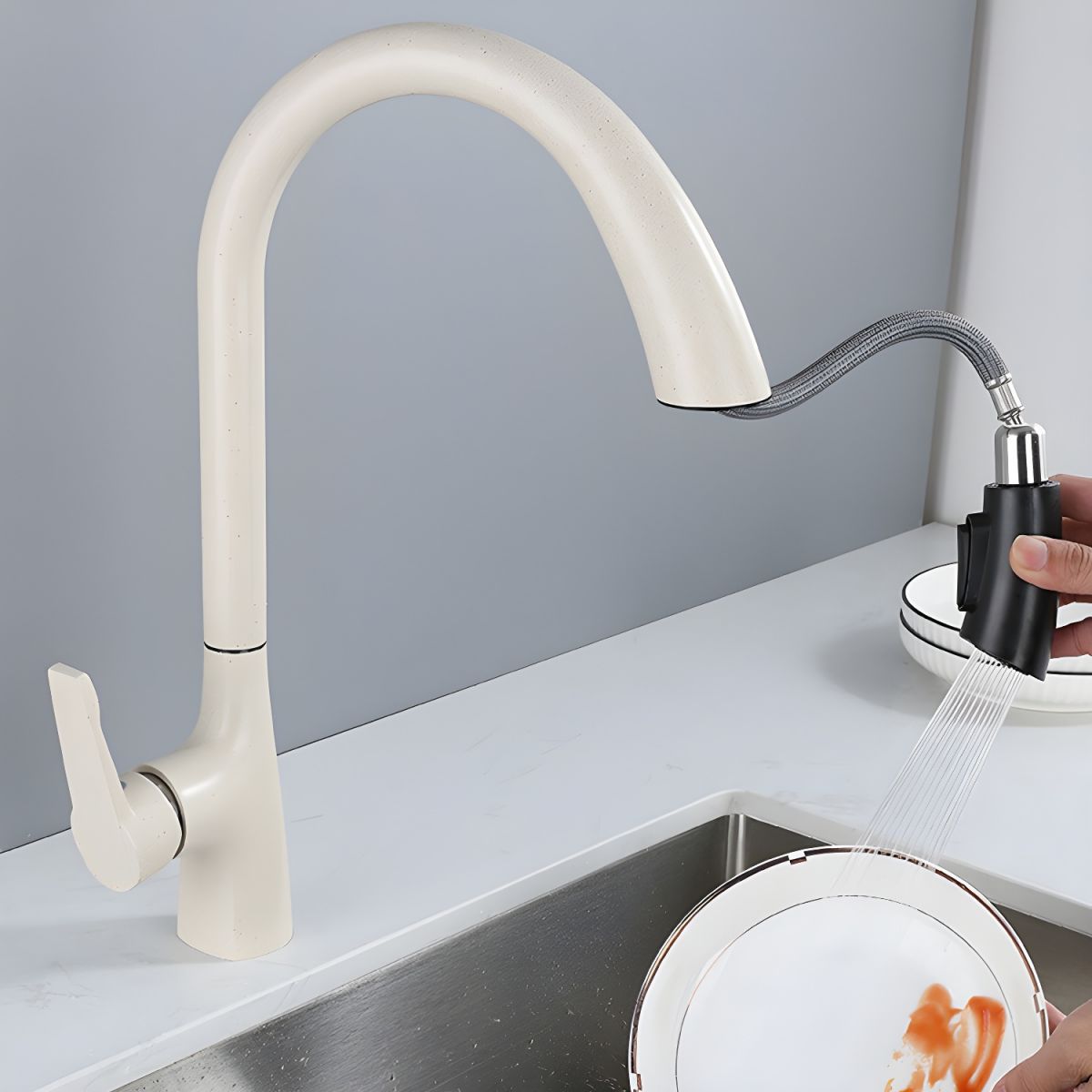 Alvordic | High Arc and Gooseneck Pull Out Spout Kitchen Sink Mixer Tap