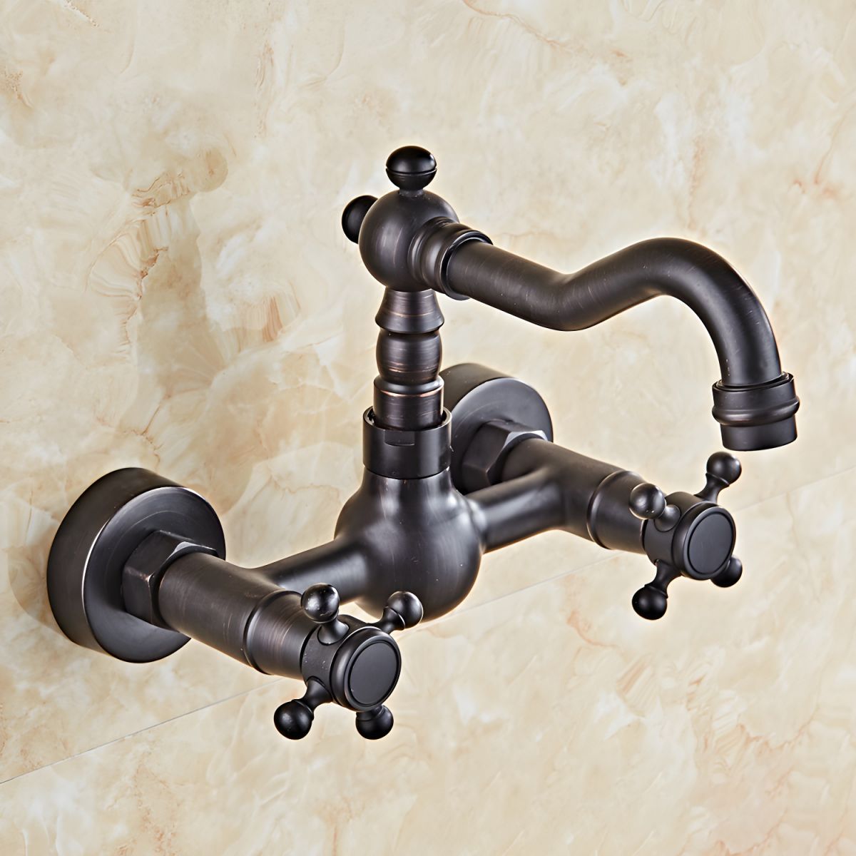 Thalvrik | Rustic Arched Profile Dual Handle Wall Mounted Bathroom Basin Tap