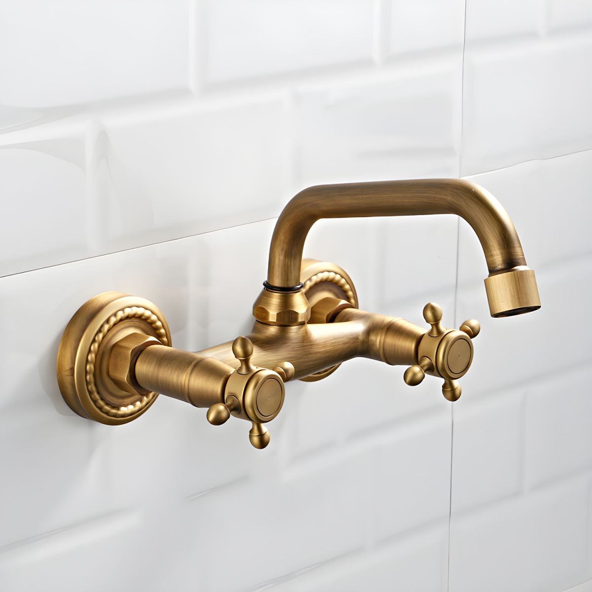 Thalvrik | Rustic Arched Profile Dual Handle Wall Mounted Bathroom Basin Tap