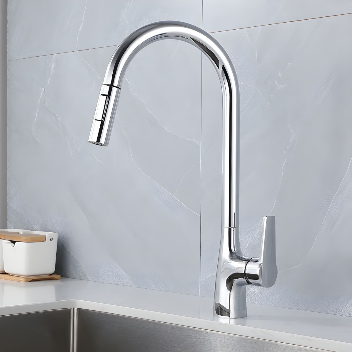 Alvordic | High Arc and Gooseneck Pull Out Spout Kitchen Sink Mixer Tap