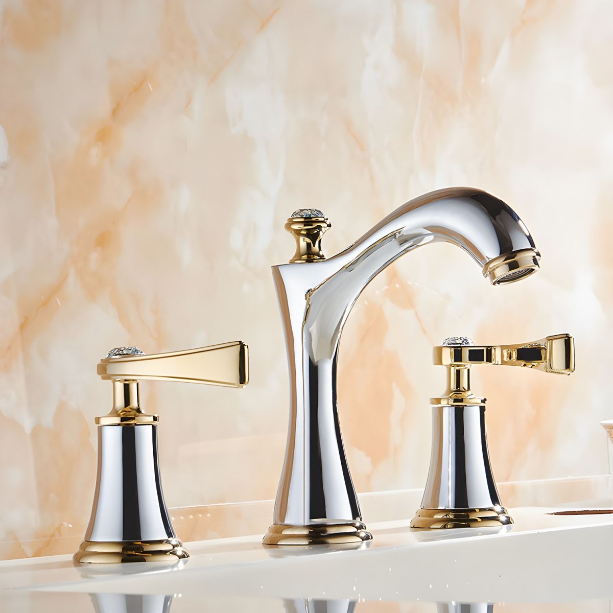 Juvandic | Glam Arched Spout Deck Mounted Widespread Dual Handle Bathroom Sink Tap