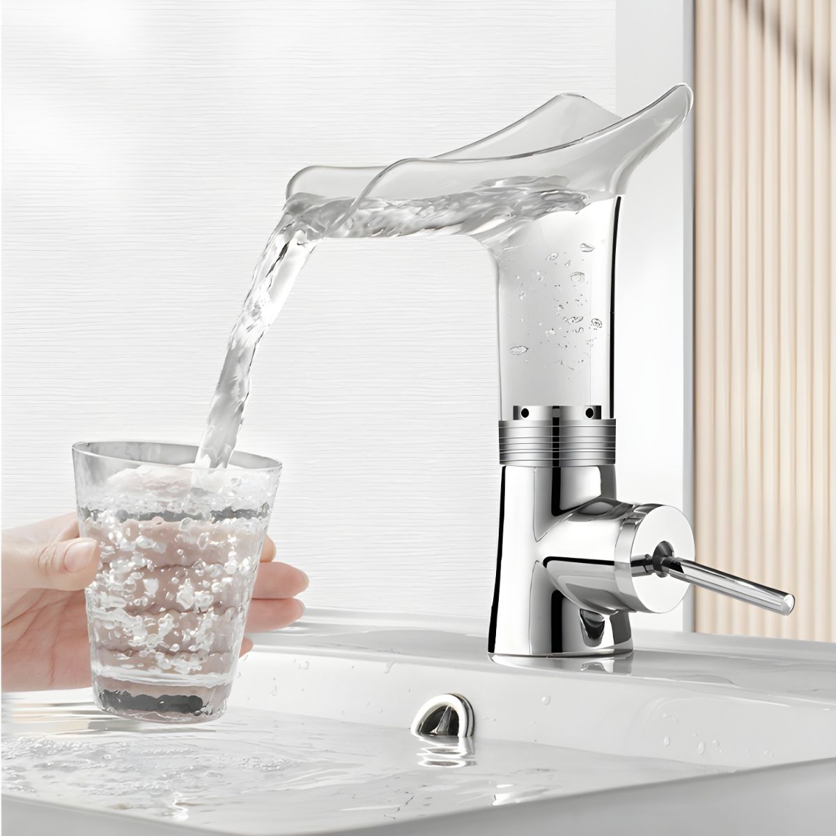 Elduvike | Modern Arched Profile Waterfall Bathroom Sink Tap