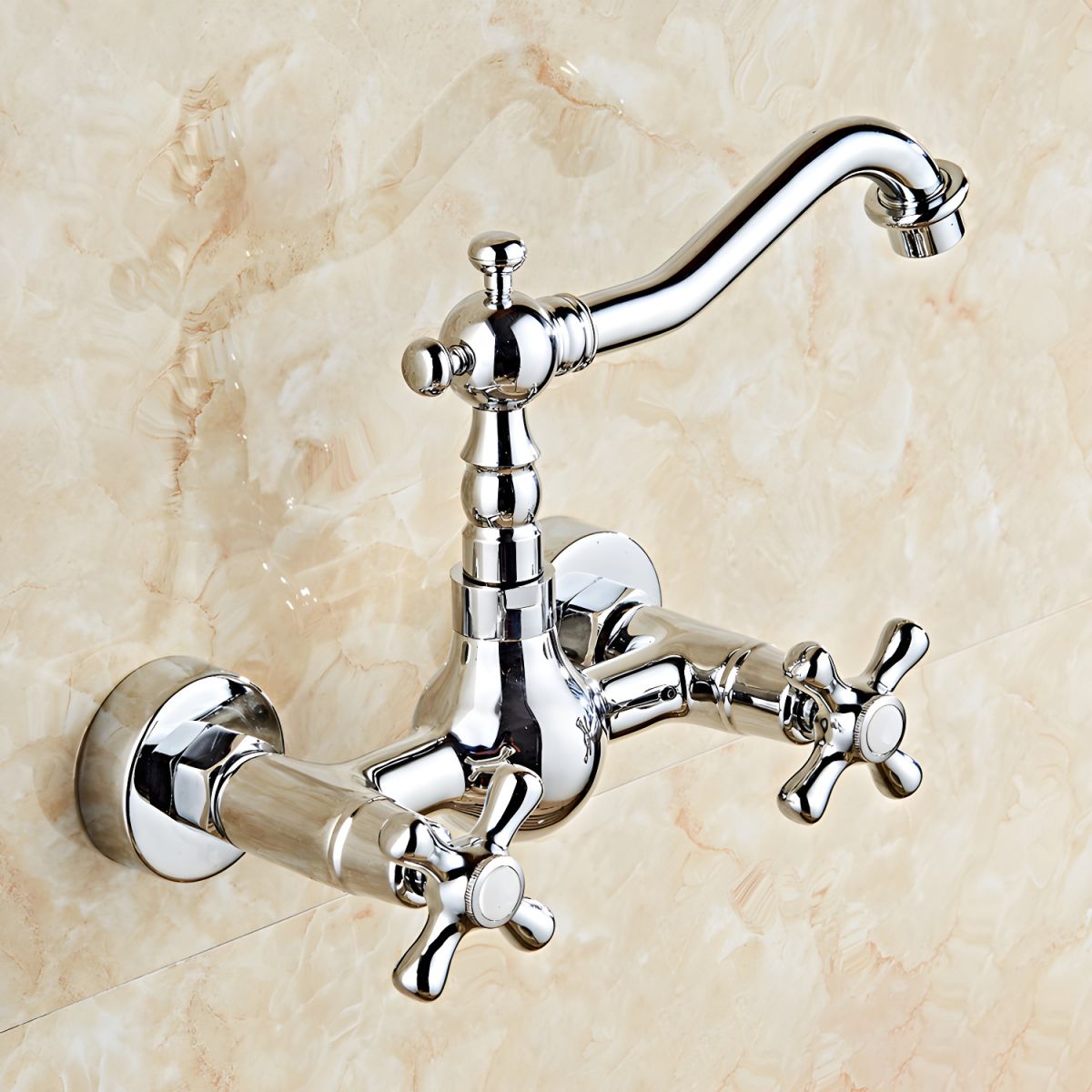 Thalvrik | Rustic Arched Profile Dual Handle Wall Mounted Bathroom Basin Tap