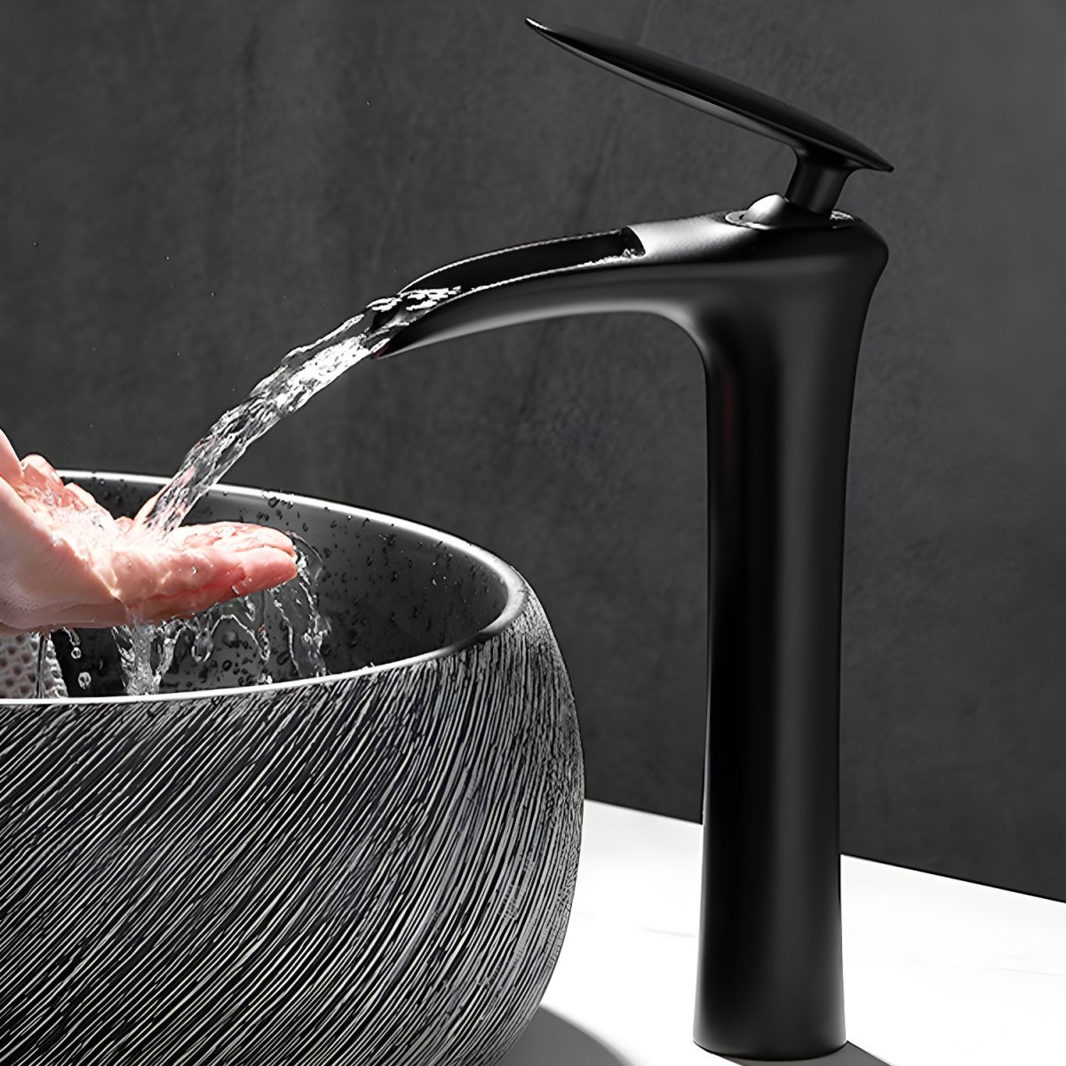 Fjordiec | Modern Low Arc Single Lever Waterfall Spout Bathroom Sink Tap