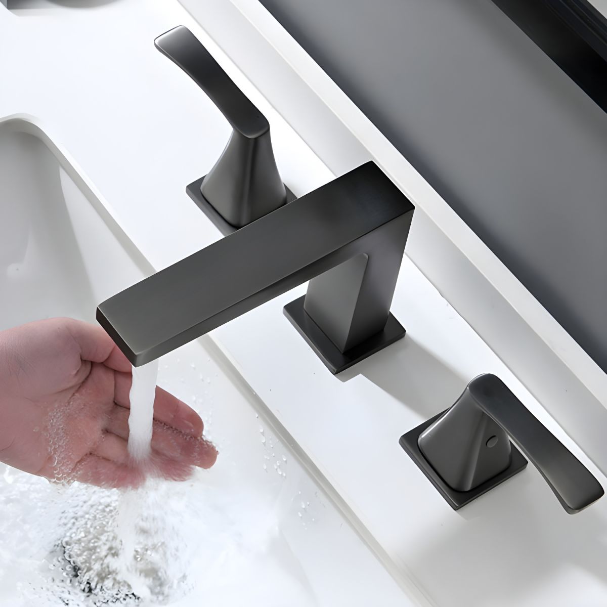 Hjalmar | Widespread Square Silhouette Dual Lever Bathroom Sink Tap