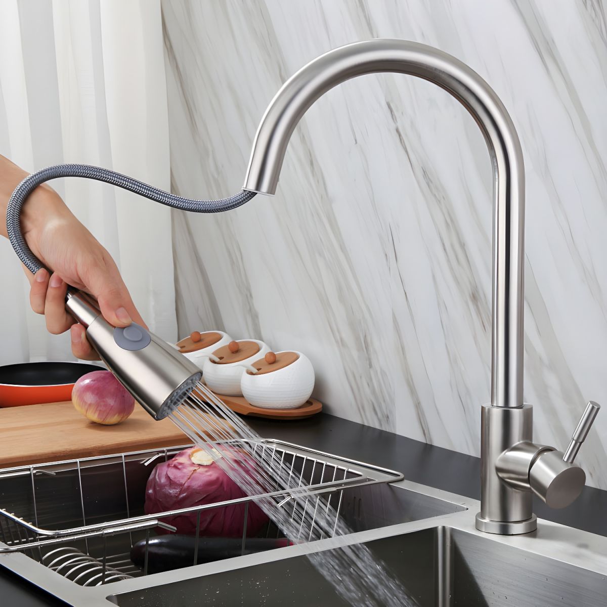Arsvige | High Arc Pull Down Sprayer Swivel Spout Kitchen Sink Mixer Tap