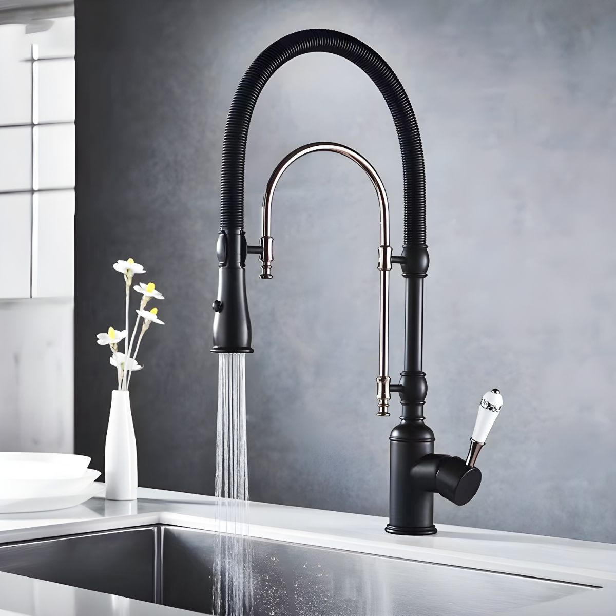Lythavik | Industrial High Arc Spring Spout Pull Down Kitchen Sink Mixer Tap