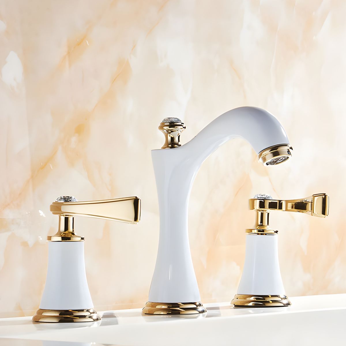 Juvandic | Glam Arched Spout Deck Mounted Widespread Dual Handle Bathroom Sink Tap