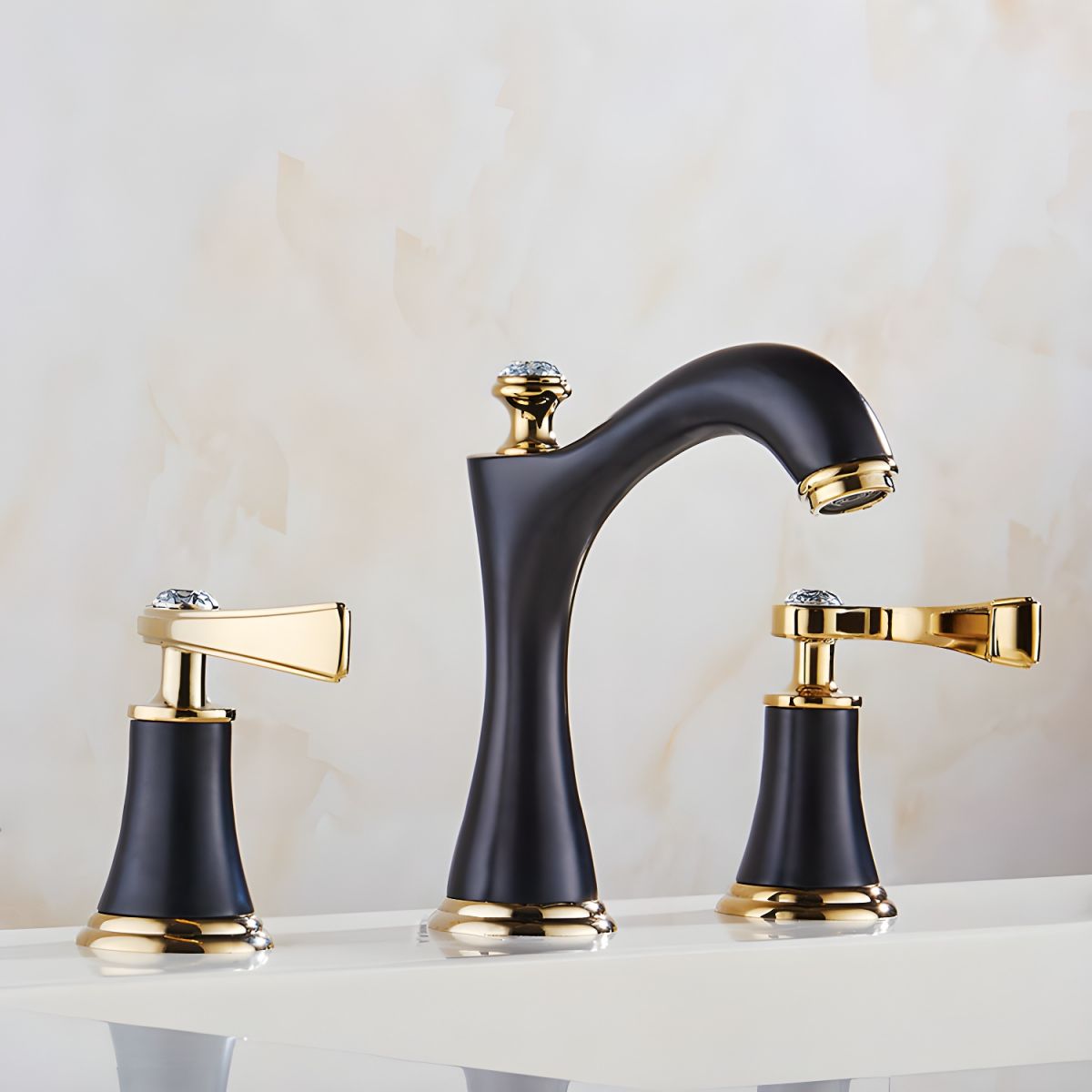 Juvandic | Glam Arched Spout Deck Mounted Widespread Dual Handle Bathroom Sink Tap