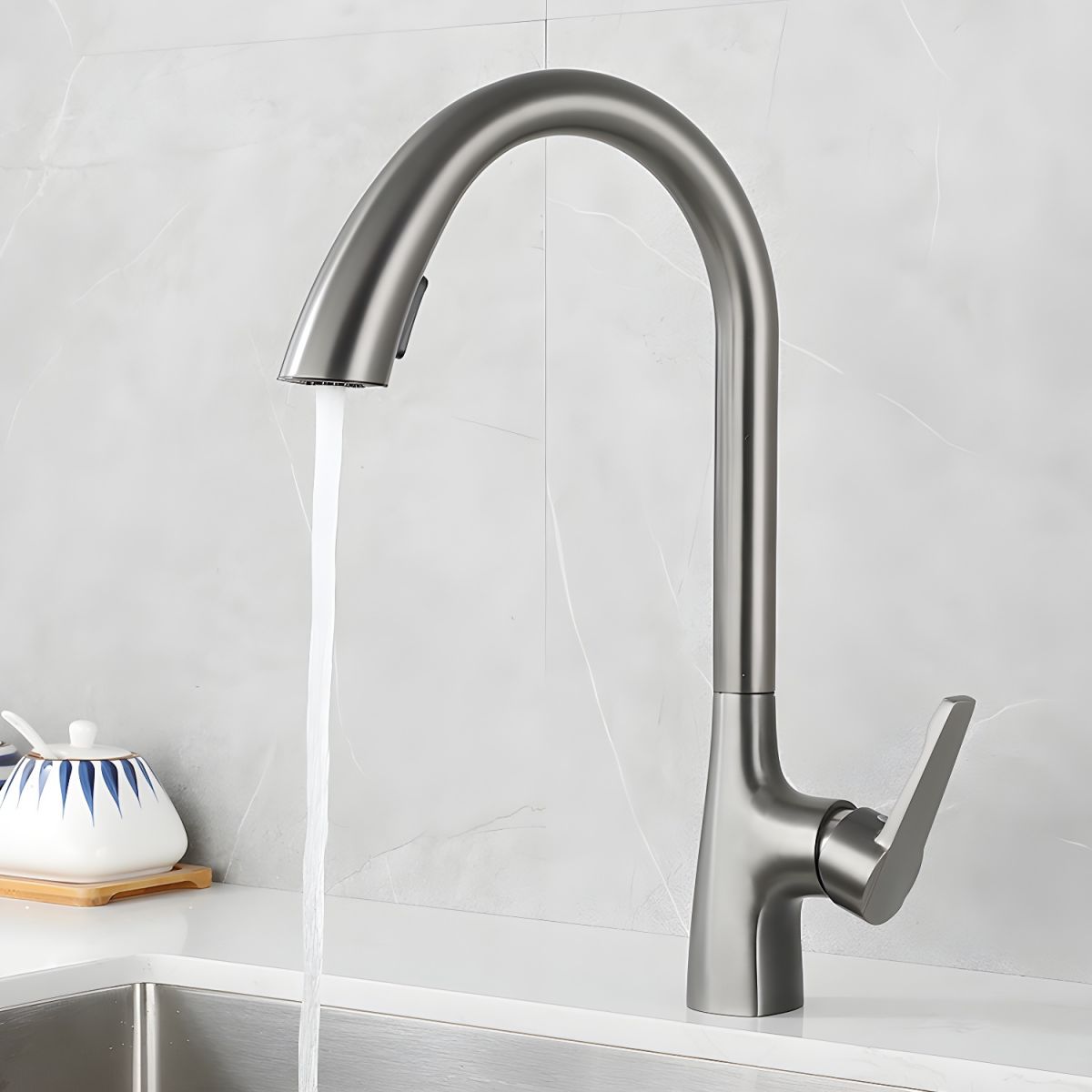 Alvordic | High Arc and Gooseneck Pull Out Spout Kitchen Sink Mixer Tap