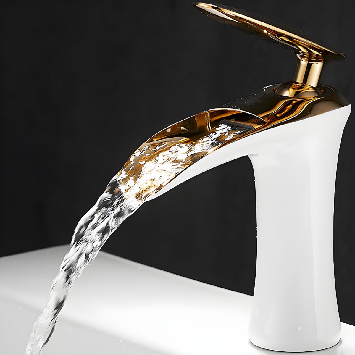 Fjordiec | Modern Low Arc Single Lever Waterfall Spout Bathroom Sink Tap