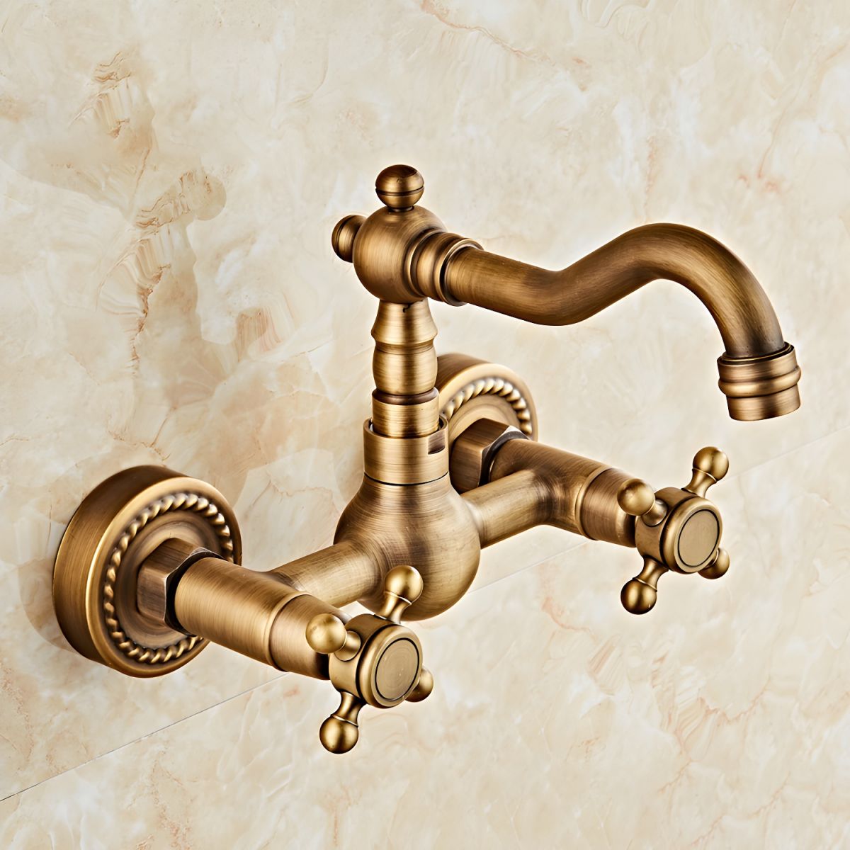 Thalvrik | Rustic Arched Profile Dual Handle Wall Mounted Bathroom Basin Tap