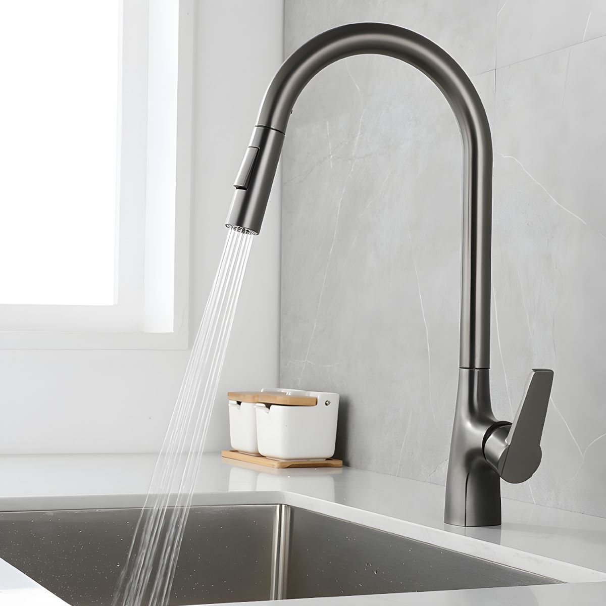 Alvordic | High Arc and Gooseneck Pull Out Spout Kitchen Sink Mixer Tap