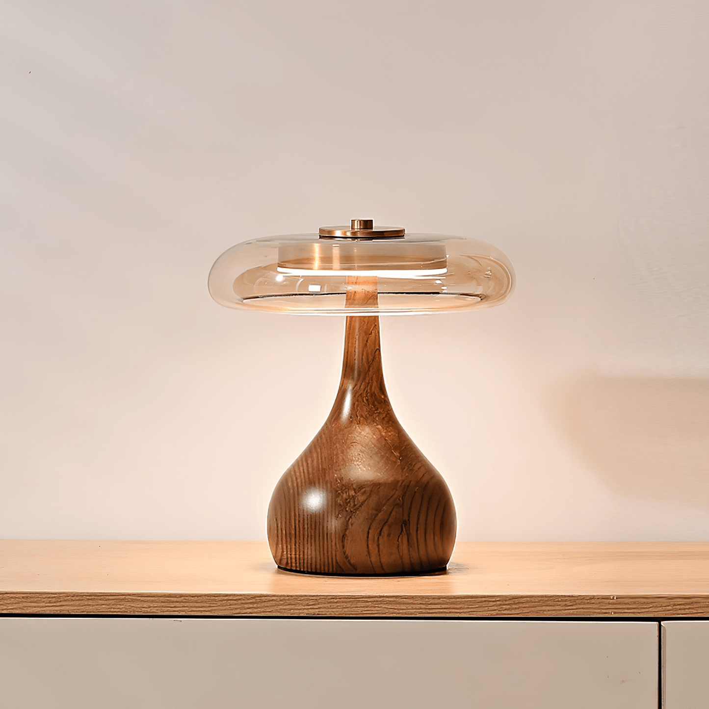Vancorim | Japandi Curved Wood Amber Glass Table Lamp