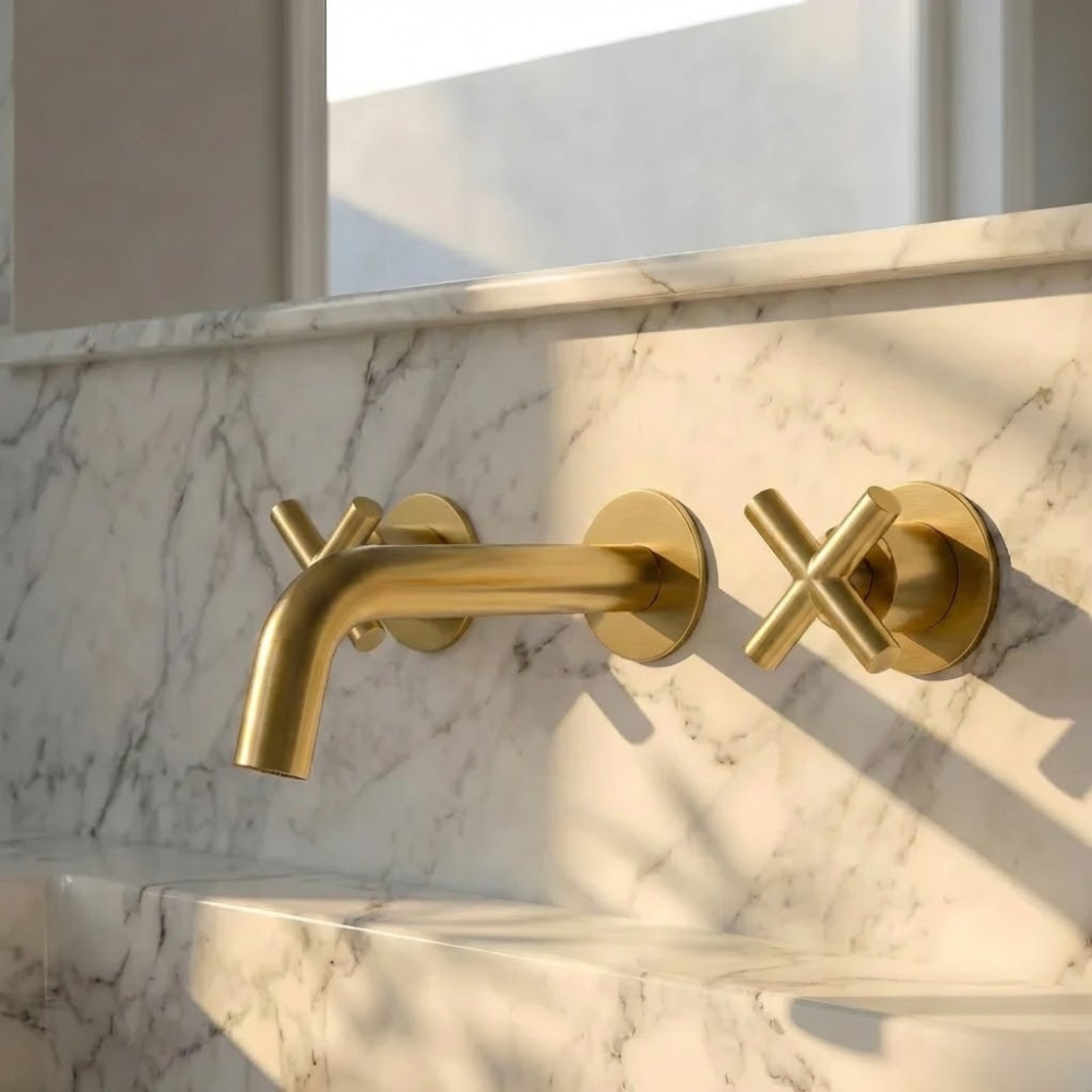 Auraa | Wall Mounted Bathroom Basin Mixer Tap With Twin Crosshead Handles