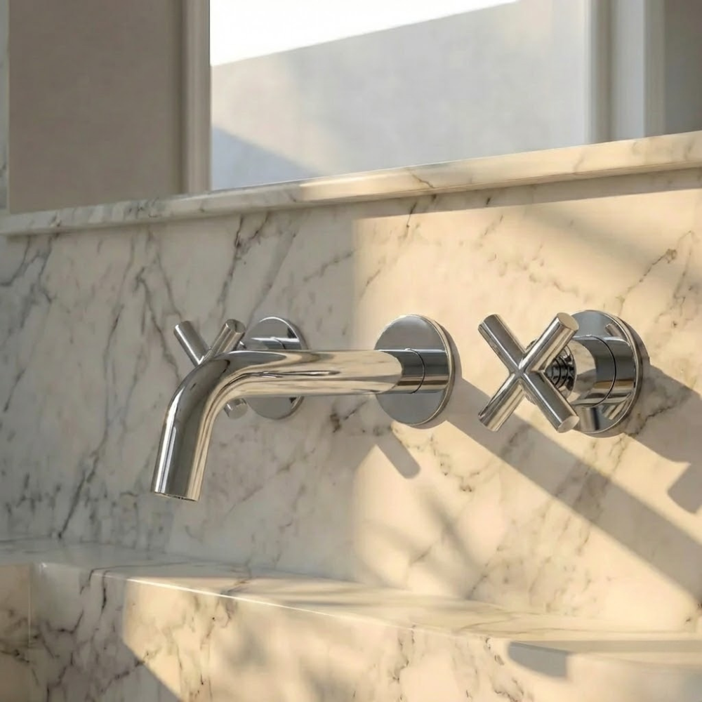 Auraa | Wall Mounted Bathroom Basin Mixer Tap With Twin Crosshead Handles