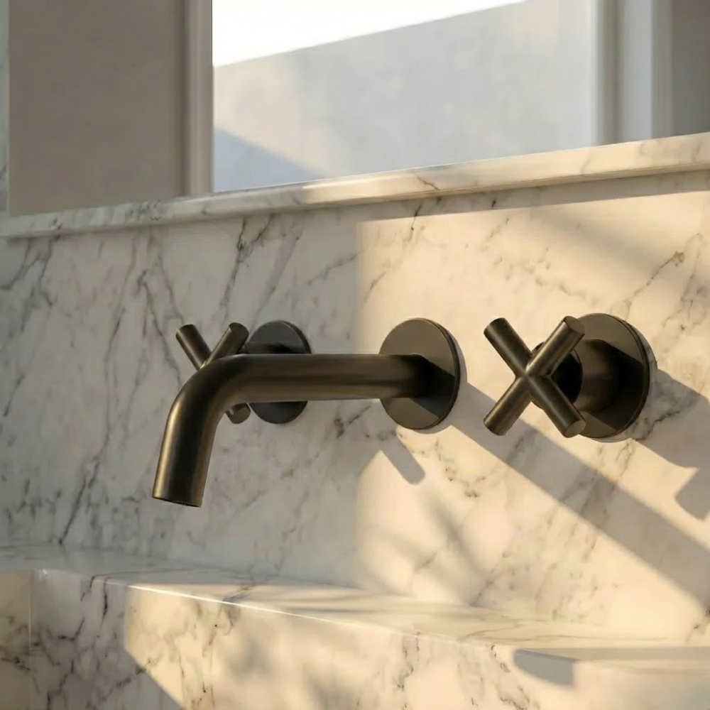 Auraa | Wall Mounted Bathroom Basin Mixer Tap With Twin Crosshead Handles